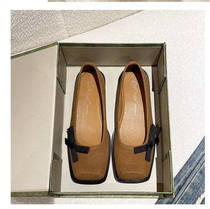 ローファーレディース スクエアトゥローファー リボン付きぺたんこ靴