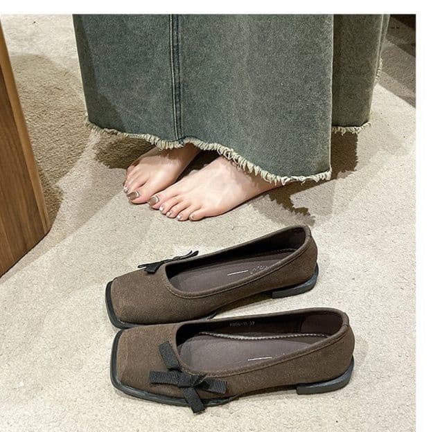 ローファーレディース スクエアトゥローファー リボン付きぺたんこ靴