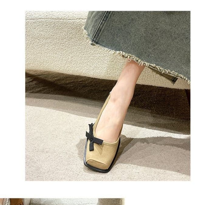 ローファーレディース スクエアトゥローファー リボン付きぺたんこ靴