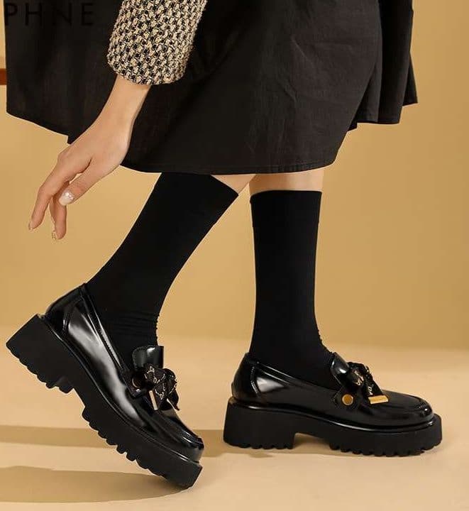 ローファーレディース リボン飾り付き厚底シューズ