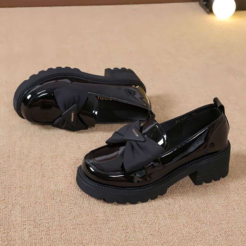 ローファーレディース リボン付きチャンキーヒール モカシンシューズ