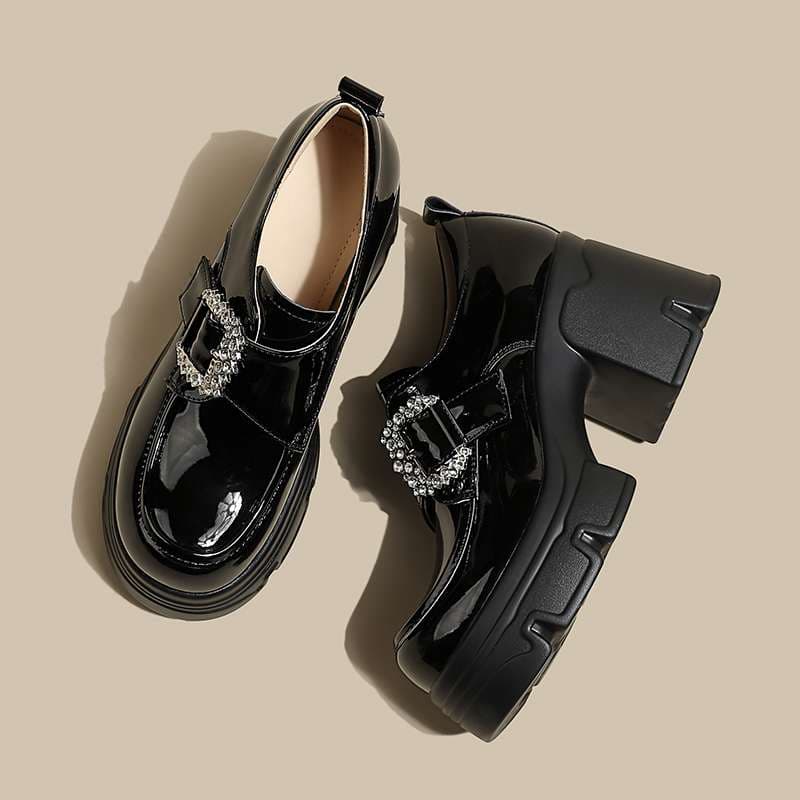 ローファーレディース キラキラ華やかバックル 厚底レザーローファー