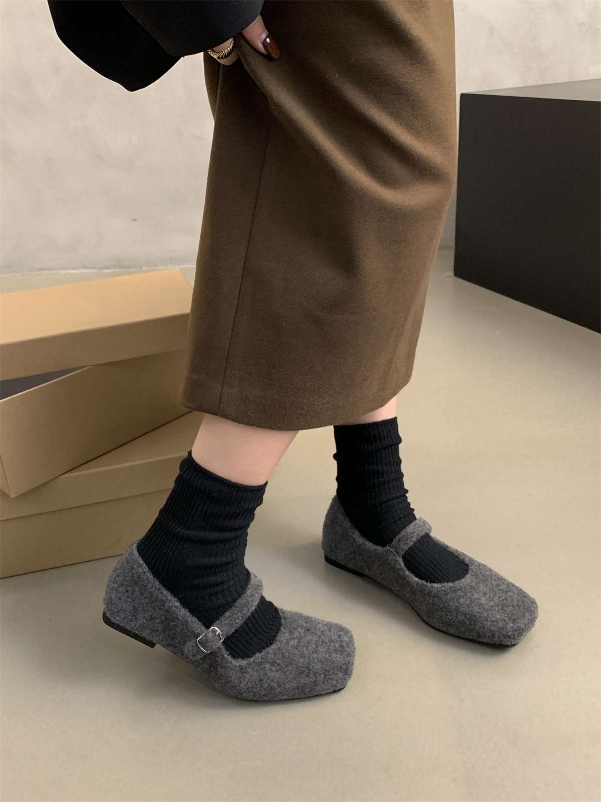 ローファーレディース あったかフェルト スクエアトゥ バレエシューズ