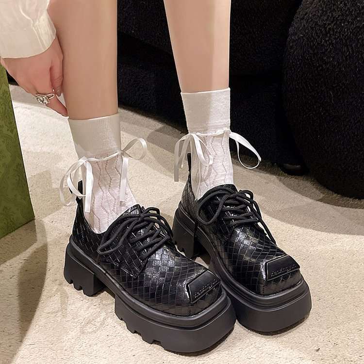 ローファーレディース 編み込み厚底スクエアローファー