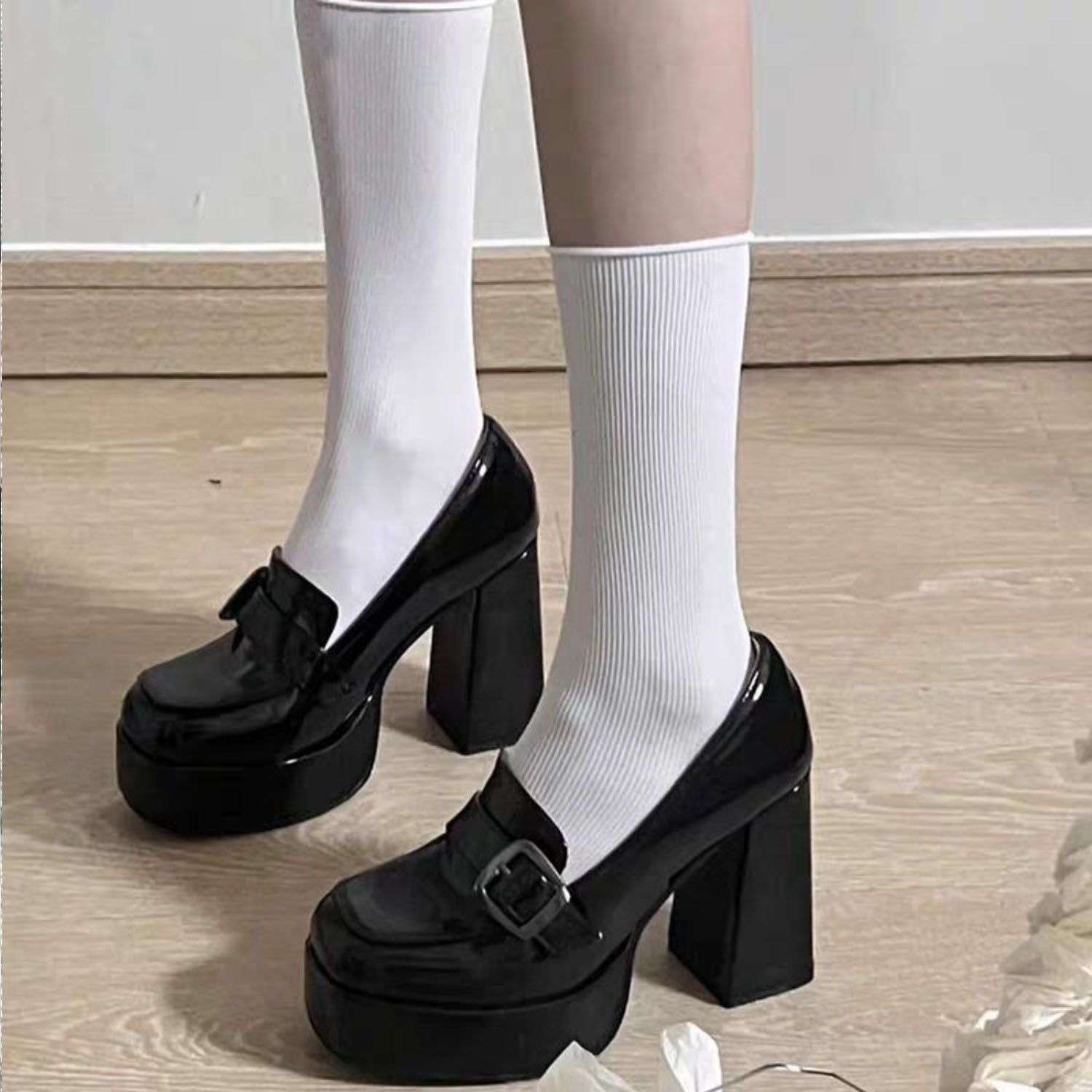 ローファーレディース フリルレースソックス厚底ローファー