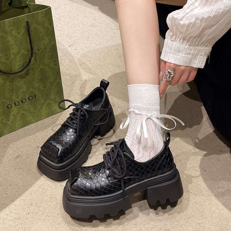 ローファーレディース 編み込み厚底スクエアローファー