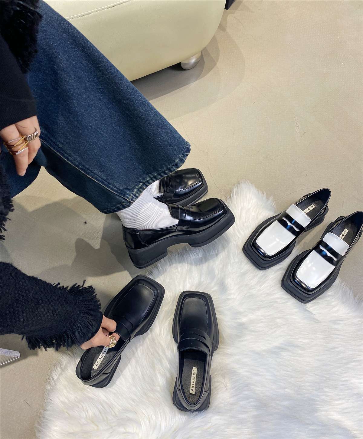 ローファーレディース 厚底スクエア甲ベルトローファー