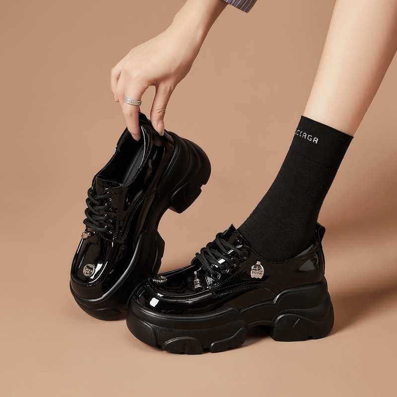 ローファーレディース 上品モダン厚底カジュアルレースアップシューズ