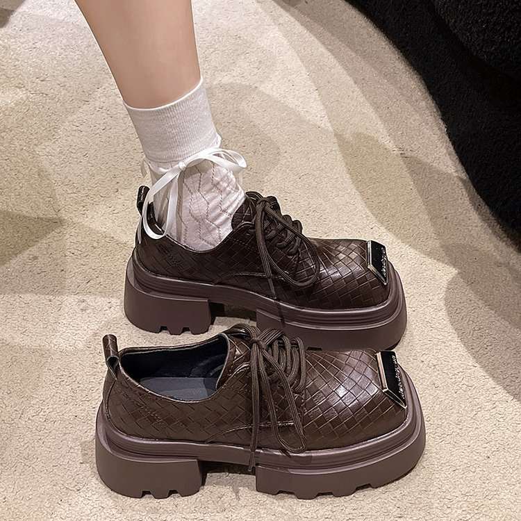 ローファーレディース 編み込み厚底スクエアローファー