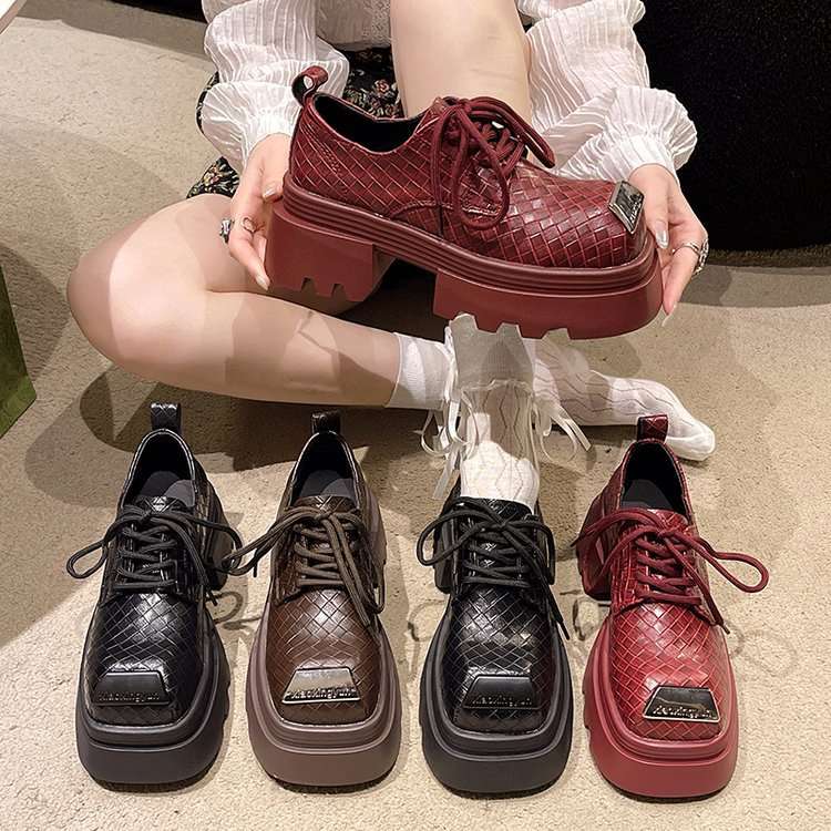 ローファーレディース 編み込み厚底スクエアローファー