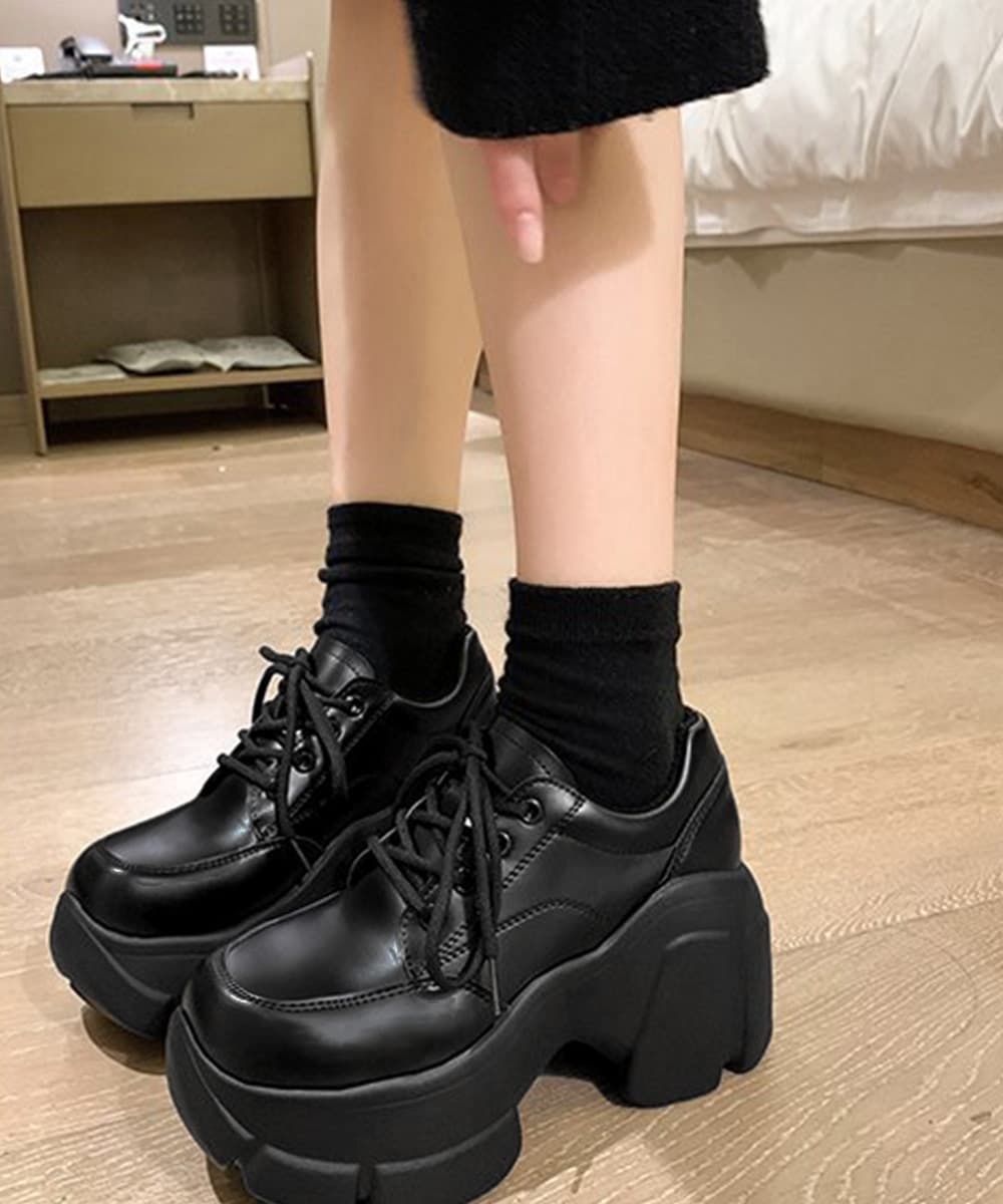 ローファーレディース 厚底ローファー編み上げ美脚韓国風レディース