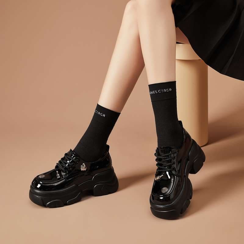 ローファーレディース 上品モダン厚底カジュアルレースアップシューズ